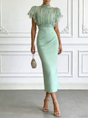 Elegant Sheer Chiffon Ruffle Sleeve Top & Ruched Midi Skirt Two-Piece Set
