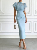Elegant Sheer Chiffon Ruffle Sleeve Top & Ruched Midi Skirt Two-Piece Set