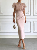 Elegant Sheer Chiffon Ruffle Sleeve Top & Ruched Midi Skirt Two-Piece Set