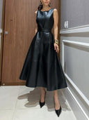 Elegant Sleeveless Leather-Look Midi Dress