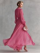 Elegant Pearl-Embellished Chiffon V-Neck Tie-Waist Maxi Dress