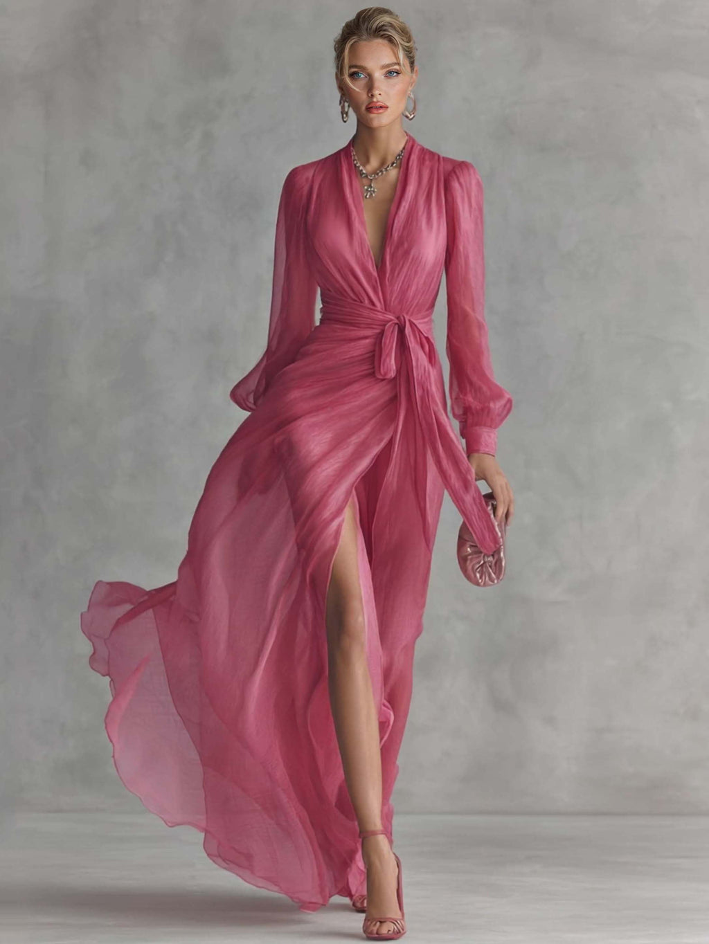 Elegant Pearl-Embellished Chiffon V-Neck Tie-Waist Maxi Dress
