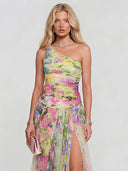 Elegant One-shoulder Watercolor Print Tulle Maxi Dress