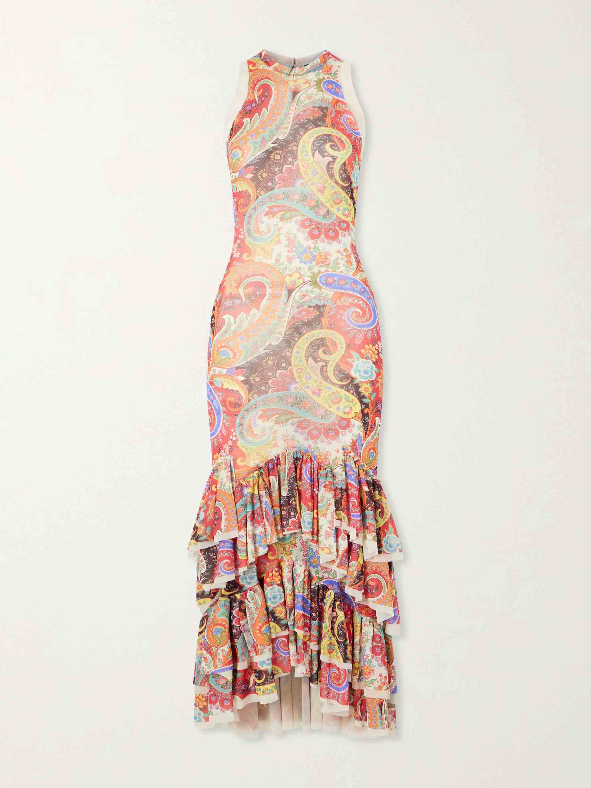 Colorful  Paisley Print Ruffled Hem Halter Midi Dress