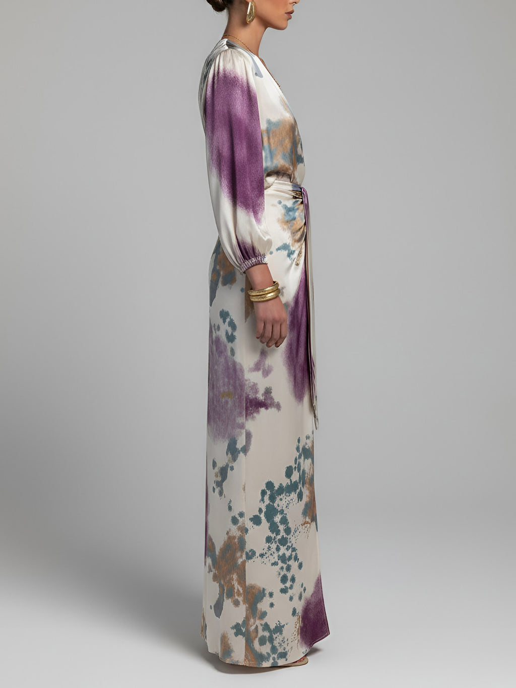 Elegant Watercolor Print Satin High-Waist Maxi Skirt