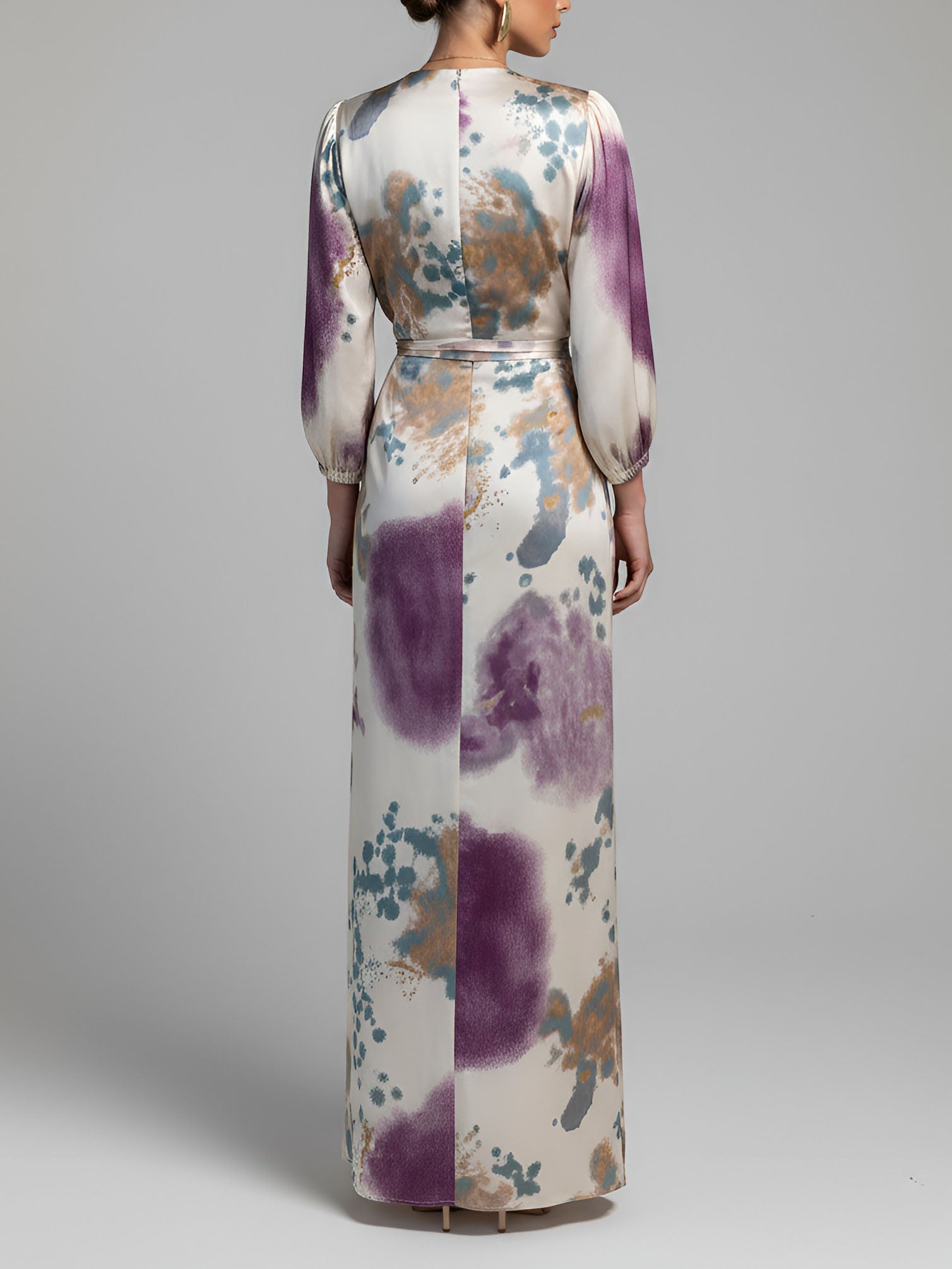 Elegant Watercolor Print Satin High-Waist Maxi Skirt