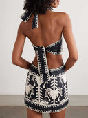Retro Palm Leaf Print Backless Mini Dress
