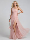 Elegant One-Shoulder Ruched Tulle High Slit Maxi Dress