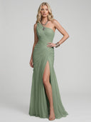 Elegant One-Shoulder Ruched Tulle High Slit Maxi Dress