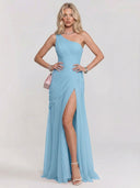 Elegant One-Shoulder Ruched Tulle High Slit Maxi Dress