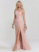 Elegant One-Shoulder Ruched Tulle High Slit Maxi Dress