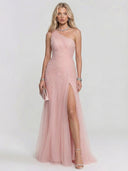 Elegant One-Shoulder Ruched Tulle High Slit Maxi Dress