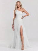 Elegant One-Shoulder Ruched Tulle High Slit Maxi Dress