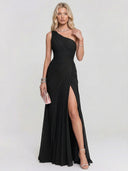 Elegant One-Shoulder Ruched Tulle High Slit Maxi Dress