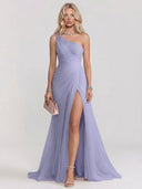 Elegant One-Shoulder Ruched Tulle High Slit Maxi Dress