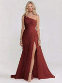 Elegant One-Shoulder Ruched Tulle High Slit Maxi Dress