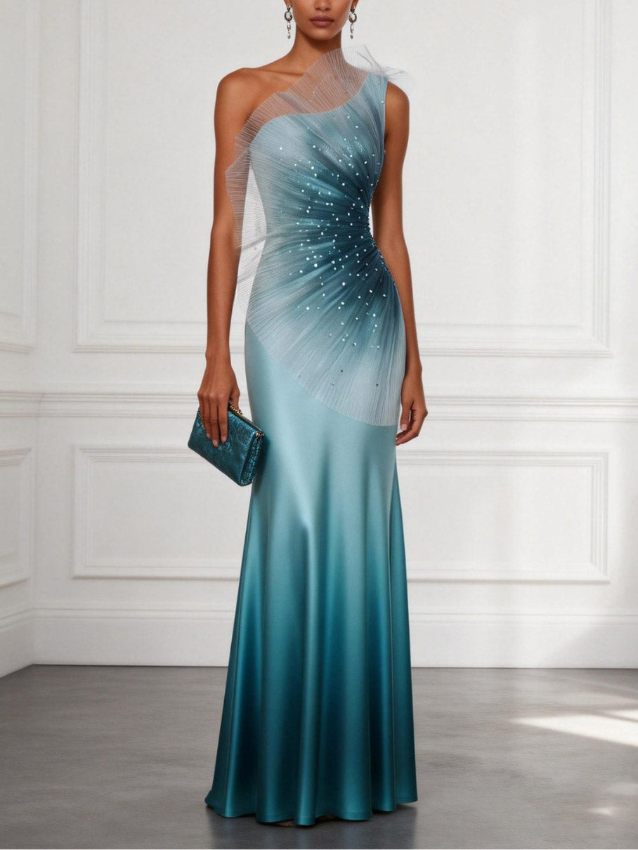 Elegant Gradient One-Shoulder Tulle  Satin Maxi Dress