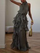 Elegant Halter Neck Ruffle Chiffon Flowy Maxi Dress