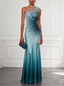 Elegant Gradient One-Shoulder Tulle  Satin Maxi Dress