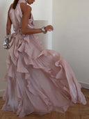 Elegant Halter Neck Ruffle Chiffon Flowy Maxi Dress