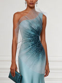 Elegant Gradient One-Shoulder Tulle  Satin Maxi Dress