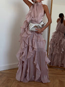 Elegant Halter Neck Ruffle Chiffon Flowy Maxi Dress