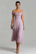 Elegant Peplum Pleated Chiffon Off The Shoulder Sleeveless A-Line Midi Dress
