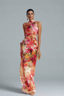 Fashion Floral Chiffon Halter Sleeveless A-Line Maxi Dress