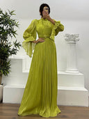 Elegant Pleated Flowy Long-Sleived Maxi Dress