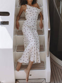 Elegant Polka Dot One-Shoulder Satin Maxi Dress