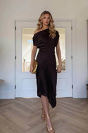 Off-Shoulder Pleated Irregular Midi Dress
