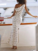 Elegant Polka Dot One-Shoulder Satin Maxi Dress