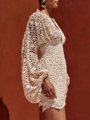 Exquisite Lace Puff Sleeve Mini Dress