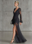 Charming Sheer Tulle Lace High Slit Maxi Dress