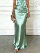 Elegant Blue Embroidery Satin Crew Neck Sleeveless Sheath Maxi Dress