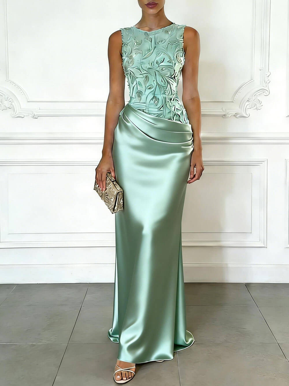 Elegant Blue Embroidery Satin Crew Neck Sleeveless Sheath Maxi Dress