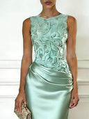 Elegant Blue Embroidery Satin Crew Neck Sleeveless Sheath Maxi Dress