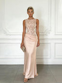 Elegant Blue Embroidery Satin Crew Neck Sleeveless Sheath Maxi Dress