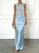 Elegant Blue Embroidery Satin Crew Neck Sleeveless Sheath Maxi Dress
