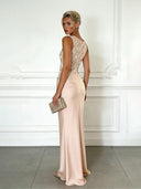 Elegant Blue Embroidery Satin Crew Neck Sleeveless Sheath Maxi Dress