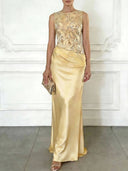 Elegant Blue Embroidery Satin Crew Neck Sleeveless Sheath Maxi Dress