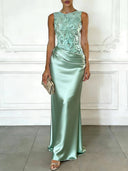 Elegant Blue Embroidery Satin Crew Neck Sleeveless Sheath Maxi Dress