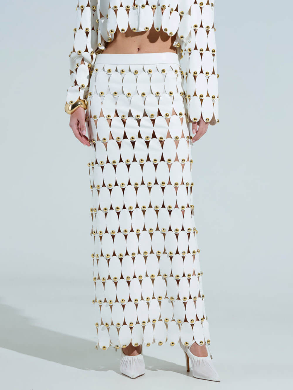 Exquisite Cut-Out Studded PU Maxi Skirt