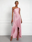 Elegant One-Shoulder Pleated Asymmetrical High-Slit Maxi Dress