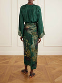 Fashionable Printed Satin Wrap Midi Dress
