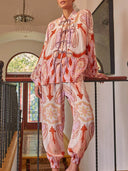 Unique Paisley Print Tie-Front Loose Top And Elastic Waist Tapered Pants Set