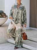 Casual Palm Leaf Print Elastic Waist Wide-Leg Pants