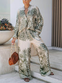 Casual Palm Leaf Print Elastic Waist Wide-Leg Pants