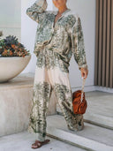 Casual Palm Leaf Print Elastic Waist Wide-Leg Pants