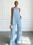 Elegant Halter Neck Asymmetric Chiffon Top & Wide-Leg Pants Set